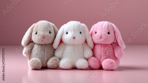 Three Pastel Plush Toy Bunnies Sitting on a Pink Surface with Soft Lighting Cute Brown White and Pink Stuffed Animals Holiday Theme for Children