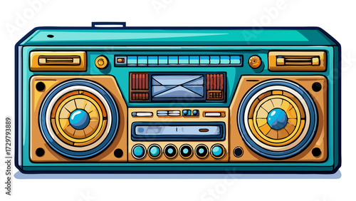 Cartoon retro boombox with speakers, cassette player, and analog controls, vivid colors
