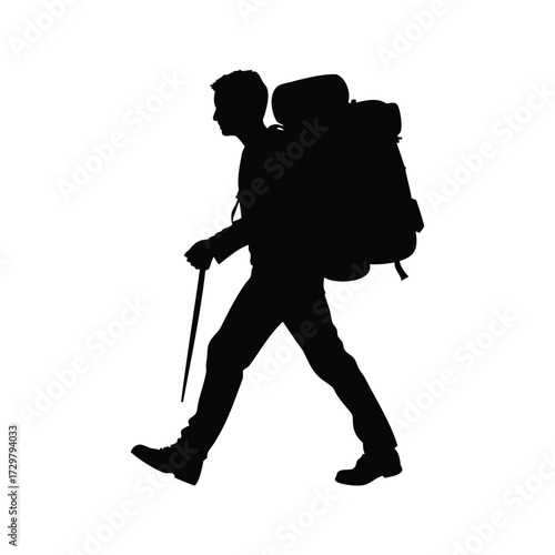Silhouette of a lone hiker trekking forward with a large backpack, backpacking travel silhouette vector illustration