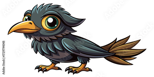 Adorable cartoon raven or crow illustration with big eyes and gold beak