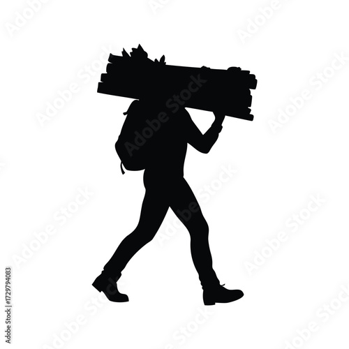 Silhouette of a person carrying a heavy load of firewood on their shoulders, camper carrying firewood silhouette vector illustration