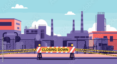 An industrial complex with smokestacks and a sign indicating it is closing down.