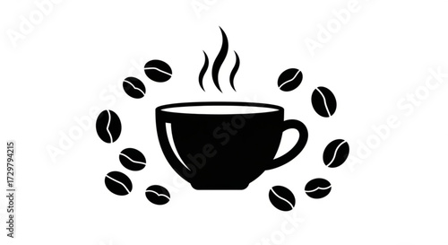 Black coffee cup with steam surrounded by coffee beans in a circular arrangement on a white background