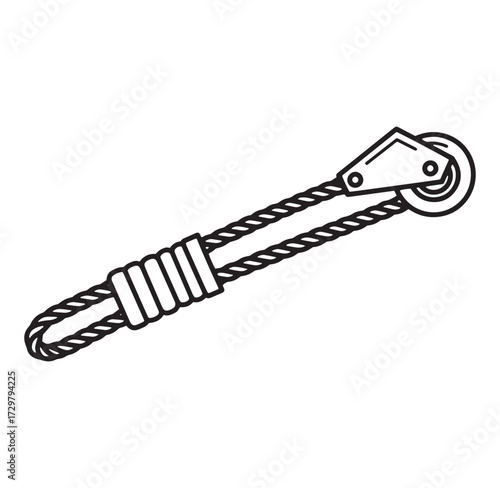 A detailed black and white illustration of a pulley system and rope on white background