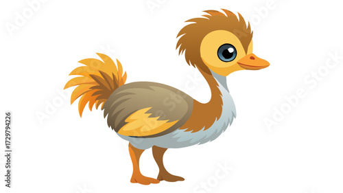 Cartoon illustration of a cute and colorful baby ostrich looking right