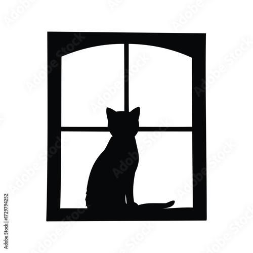 Silhouette of a cat gazing out of the window on a white backdrop, cat looking out window silhouette vector illustration