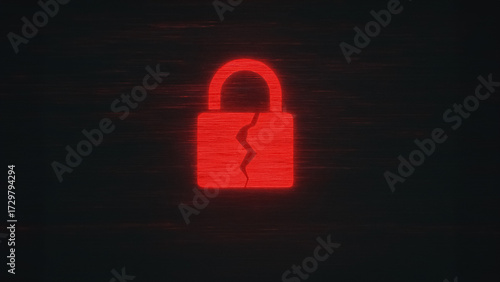 A striking visual representation of a broken padlock, illuminated in vibrant red against a dark backdrop, symbolizing a breach in security or a compromised system.