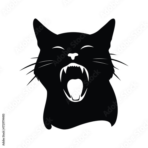 Silhouette of a black cat with open mouth showing teeth, cat yawning silhouette vector illustration