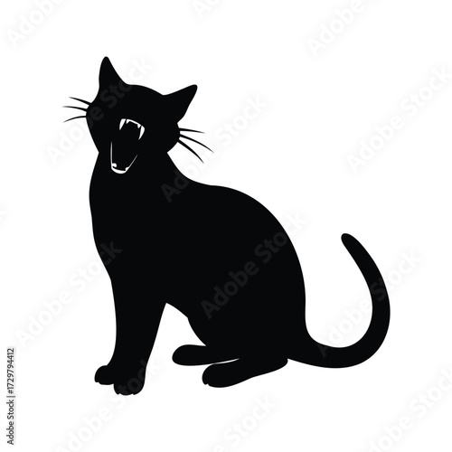 Silhouette of a black cat hissing with visible teeth on a white background, cat yawning silhouette vector illustration