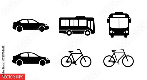 Illustration of various transportation modes including cars buses and bicycles in a vector format design