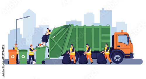 Workers collecting and disposing of household garbage with a truck.