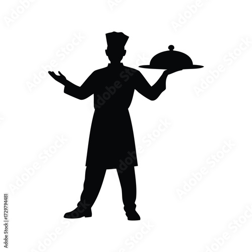 Silhouette of a chef holding a dish with lid, ready to serve, chef holding tray of food silhouette vector illustration