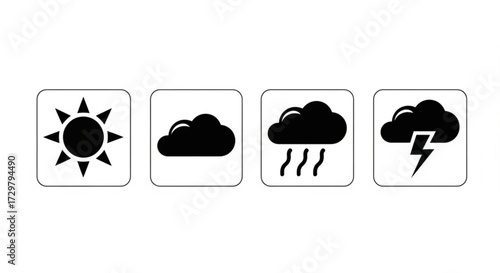 Weather icons showing sunny cloud rainy and storm in black and white outlined square shapes design