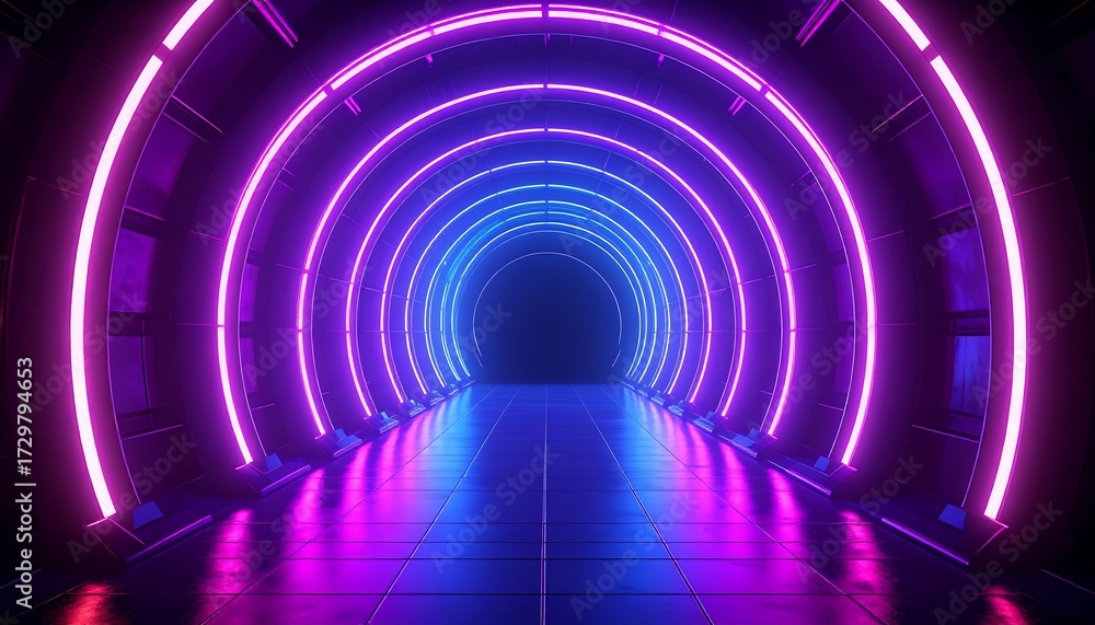 Obraz premium Interior view of a futuristic tunnel with neon lights in shades of blue and purple, reflecting on the floor