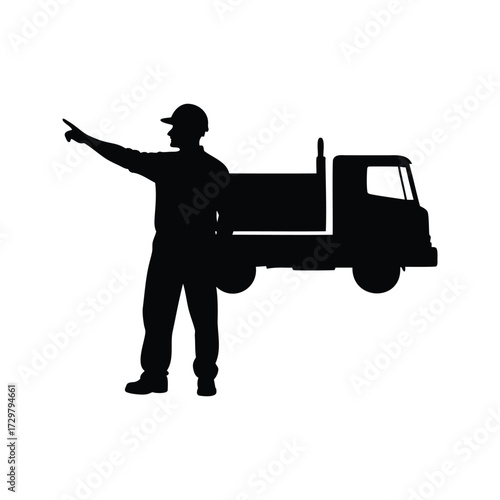 Silhouette of a Construction Worker Directing Traffic Near a Dump Truck Vehicle, construction worker guiding truck silhouette vector illustration