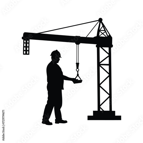 Silhouette of construction worker guiding the crane's load at the construction site, construction worker operating crane silhouette vector illustration