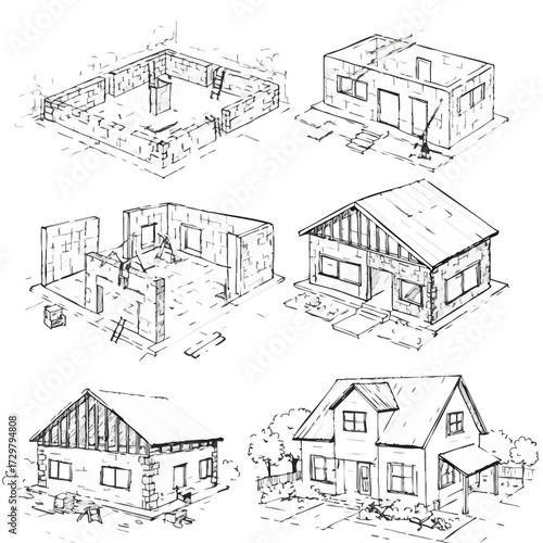 Detailed black and white line drawings illustrating the sequential stages of residential house construction from initial foundation to a complete home.