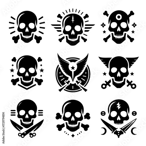 Nine black and white vector skull icons on a white background
