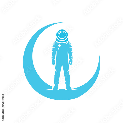 Astronaut Standing on Crescent Moon Emblem