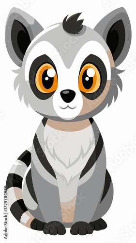 Adorable cartoon ring tailed lemur with big orange eyes sitting patiently