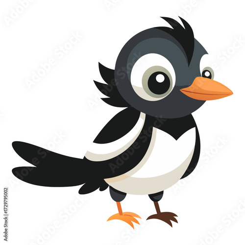 Cute cartoon black and white bird with orange beak illustration