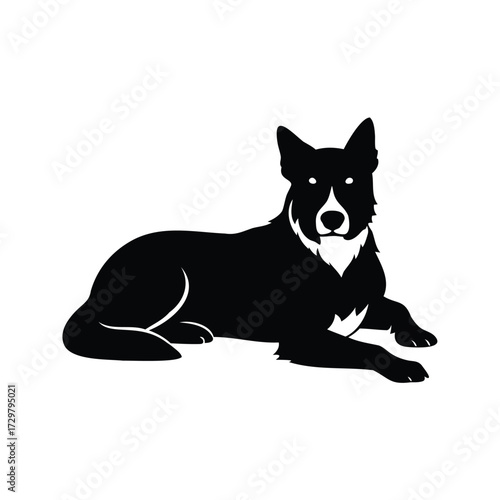 Elegant black and white silhouette of a collie dog resting quietly, dog resting silhouette vector illustration