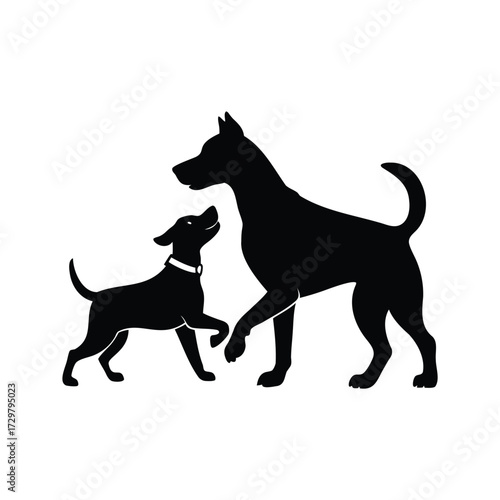 A smaller dog looks up to a larger dog with affection and respect, dog playing with baby dog silhouette vector illustration
