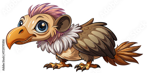 Cartoon vulture with big eyes and brown feathers looking to the side