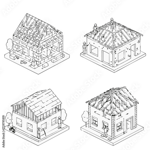 Isometric line art illustrations depict various stages of house construction and renovation, showcasing architectural development from foundation to roof structure.