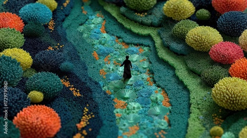 Silhouetted Figure Walking Through Vibrant Abstract Coral and Floral Landscape