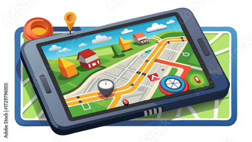 Illustration of a navigation application on a digital tablet screen display