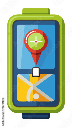 A cartoon illustration of a location tracker gadget with a green border