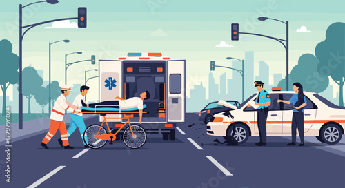 Emergency medical services attend to injured person after a car accident on a city street.