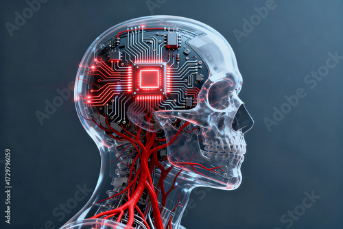 Wallpaper Mural Human skull with integrated circuitry and glowing red neural pathways, depicting a fusion of biology and technology Torontodigital.ca