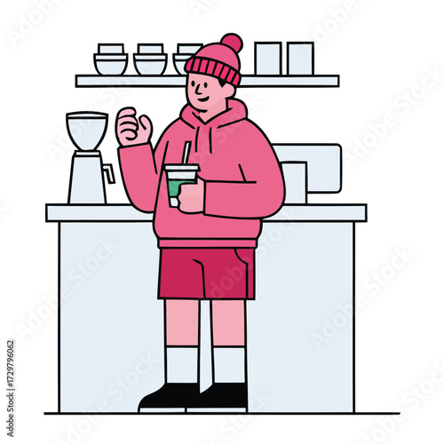 Flat Style Young Man Holding Drink at Cafe Counter Illustration