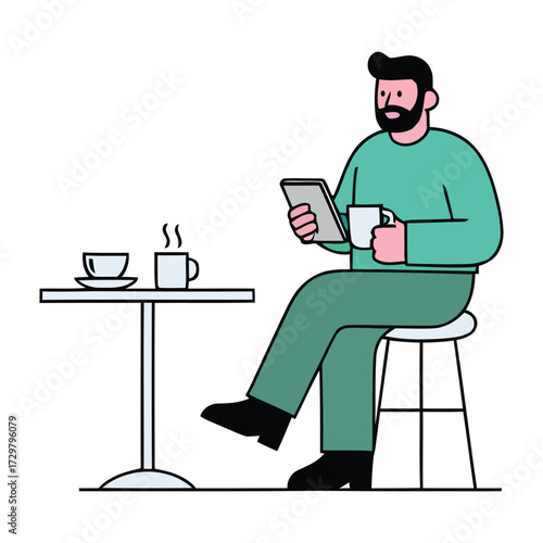 Minimalist Line Art Man Reading Tablet Enjoying Coffee Relaxation Illustration