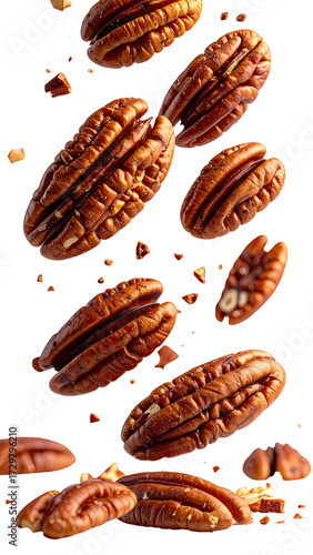 Pecans in mid-air, falling, scattered