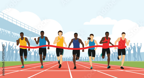 Athletes race towards the finish line as they cross the tape in a competitive event.