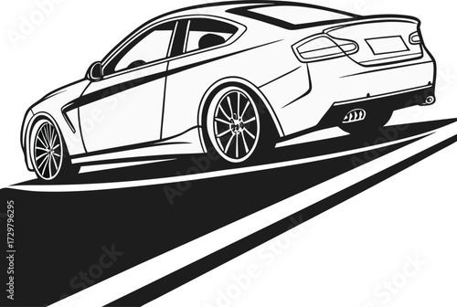 Dynamic Line-Art Sports Coupe Driving on Road Modern Automotive and Speed Vector Graphic,Monochrome Illustration of a Luxury Performance Car with Custom Wheels and Spoiler