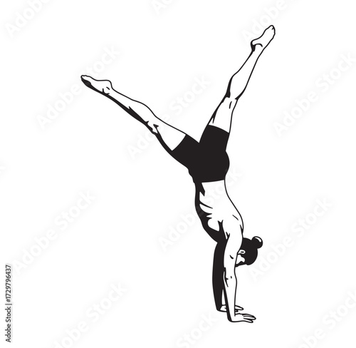 Black and white illustration of a woman performing a handstand with legs split wide.