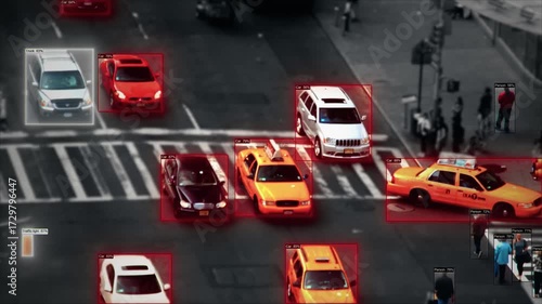 Busy New York street intersection with AI object detection system identifying cars, pedestrians, bicycles and traffic lights with confidence percentages. Multi-object tracking technology.