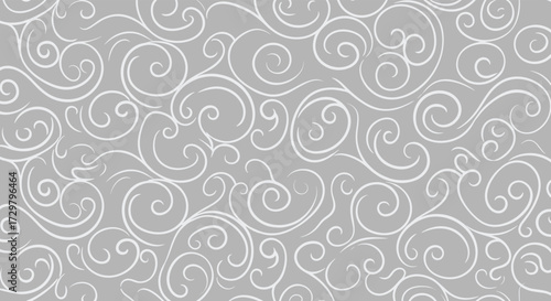 Abstract gray background with swirling white lines creating a decorative and artistic pattern.