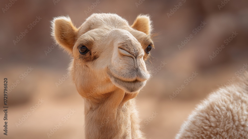 Fototapeta premium Close-Up Portrait of a Friendly Camel in Desert Landscape, Capturing Animal Features and Expressions in Natural Environment