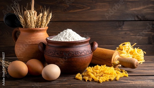 A rustic still life of baking ingredients arranged on a wooden surface, including flour, eggs, and various pasta shapes