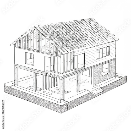 An intricate monochrome technical drawing illustrates the detailed framing and structural elements of a house under active construction, showcasing architectural design principles.