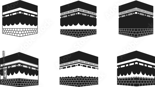 Six Kaaba Icon Variations in Black and White – Islamic Sacred Site Illustrations for Religious, Cultural, and Graphic Design Use
