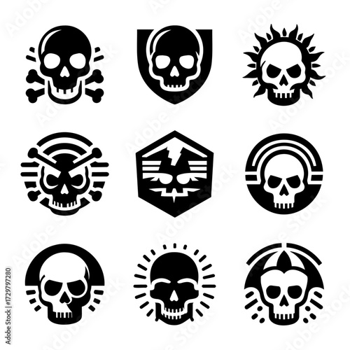 Nine black and white skull icons arranged in a 3x3 grid