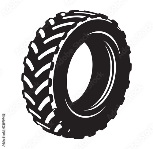 Black and white vector illustration of a tractor tire with detailed tread design