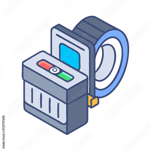 Isometric MRI machine with red and green indicators and circular magnet