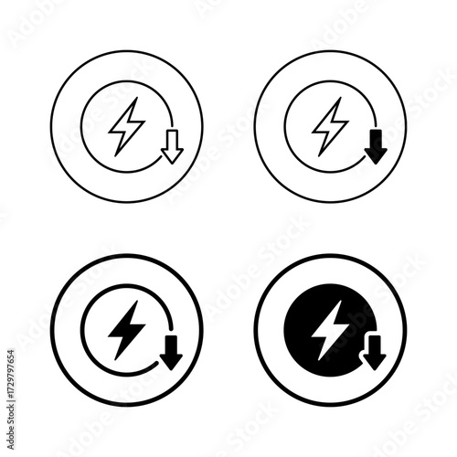 Save energy icon in circular outline. Low power consumption symbol with lightning and down arrow